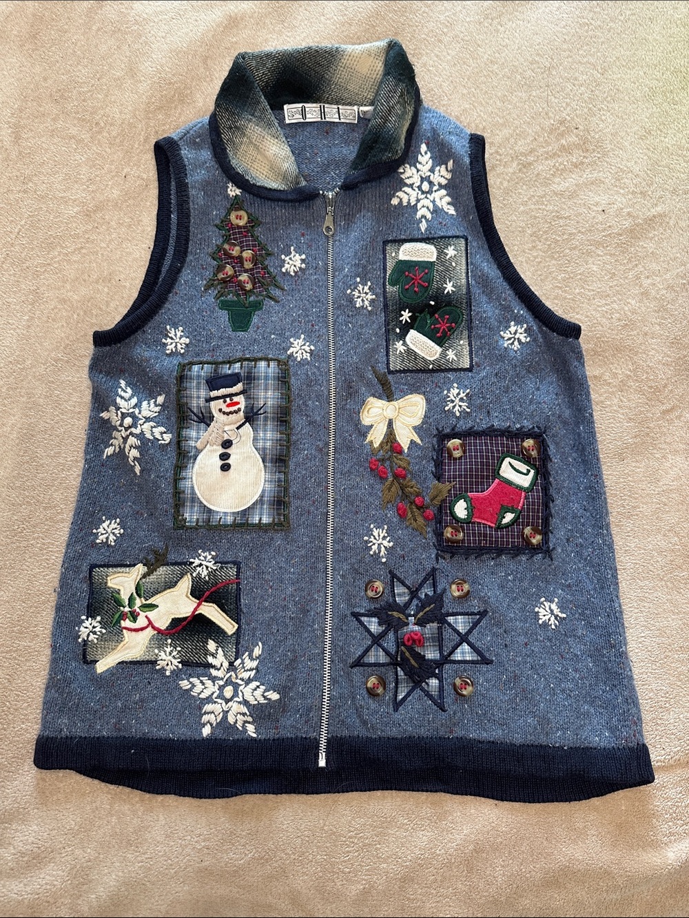 OHI Vintage Festive Blue Holiday Christmas Embroidered Vest